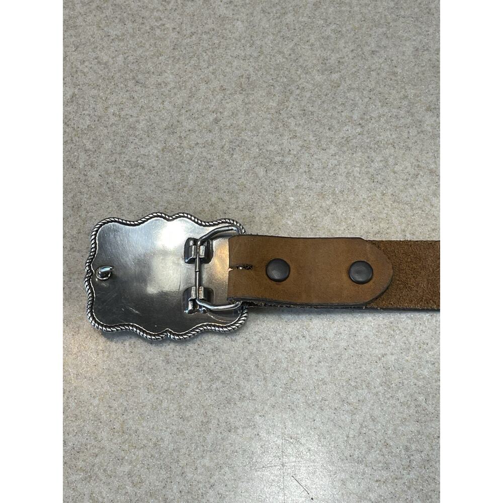 Justin Floral Tooled Leather Kids Belt American Buckle Brown Size -24 USA Flag - Picture 3 of 14